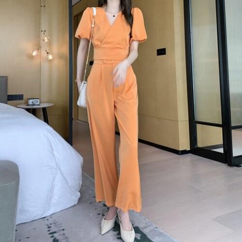 New arrival fashion sets for women summer temperament puff sleeve office lady work style simple solid pant and top two piece set