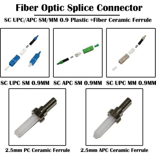 100 Pieces SC UPC/APC Optic Fiber Splice Connector FTTH 0.9mm SM Single Mode MM Multi Mode without Ceramic Ferrule