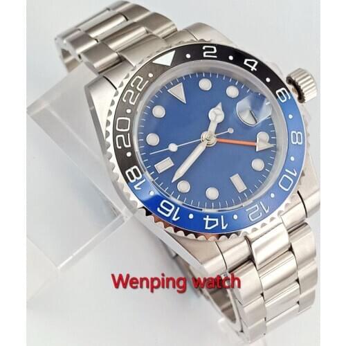 40mm Bliger Date Blue Sterile Dial GMT Automatic Steel Case Mens Casual Wristwatches W2677