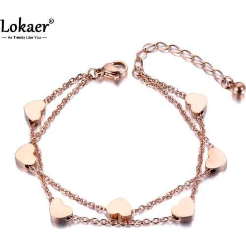 Lokaer Trendy Titanium Stainless Steel Heart Double Layers Bracelets Ladies Jewelry Chain & Link Bracelet For Women Girls B19018