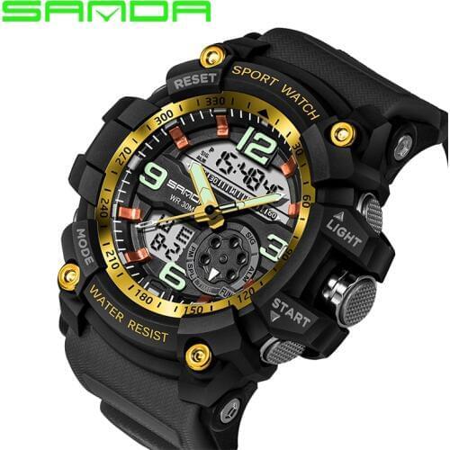 Big Dial Sport Watches For Men SANDA 759 S SHOCK Sport Watch Mens Digital Quartz Wrist Watches Top Brand Luxury Clock 2020