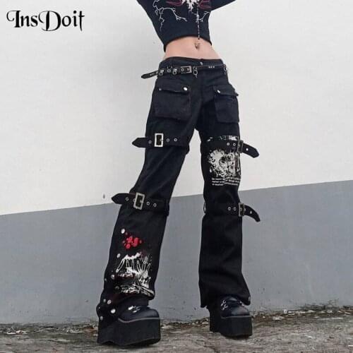 InsDoit Y2K Black Punk Skull Print Mall Goth Jeans Woman Eyelet Buckle Academic Cargo Pants Streetwear Big Pocket Dark Trousers