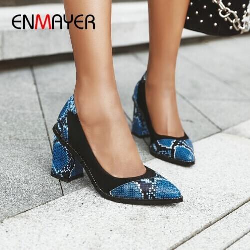 ENMAYER 2020 Party Slip-On Luxury Shoes Women Square Heel Pointed Toe Womens Shoes String Bead Serpentine Women Pumps 34-39