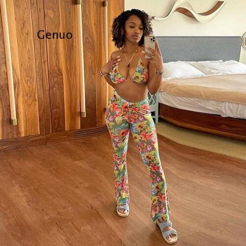 Florals Mesh Printed Two Piece Set Women 2021 Sexy Bandage Backless Top And Flare Pants Casual Outfit AG31217