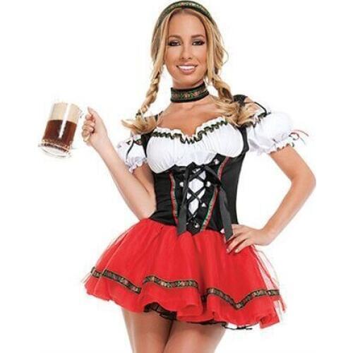 UTMEON Womens Red White Super Deluxe Beer Girl Costume Beer Wench Costume German Bavarian Beer Girl Oktoberfest Costume