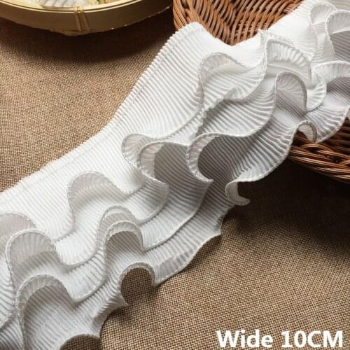 10CM Wide White 3D Pleated Chiffon Fabric Lace Collar Elastic Ruffle Trim Wedding Dress Skirts Patchwork DIY Sewing Fringe Decor