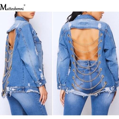 Autumn Winter Womens Frayed Denim Jacket With Back Chain Boyfriend Wind Jean Jacket Casual Long Sleeve Female Coats Streetwear