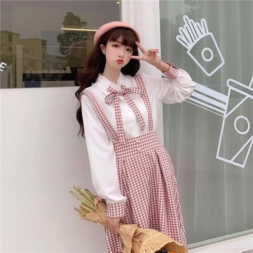 Sweet Womens Plaid 2 Pcs Set: Bow Trim Shirt Blouse + Plaid Suspender Skirt Overalls Ruffles Trim Elegant Fall Skirt