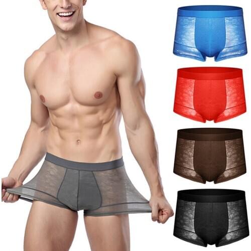 Fashion Mesh Ice Silk Underpants Four Corner Underwear Sexy Panties Bodysuit Breathable Boxer Shorts For Men