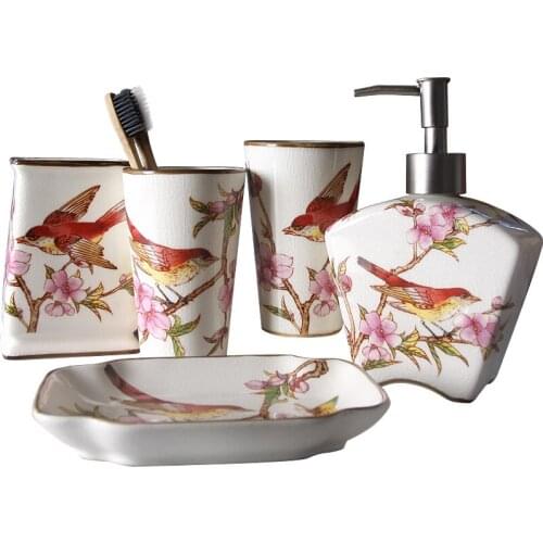 Bathroom Set Ceramic Liquid Soap Dispenser/Dish Toothbrush Holder Gargle Cup 4/5 Piece Set Birthday Gift Flower & Bird Painting