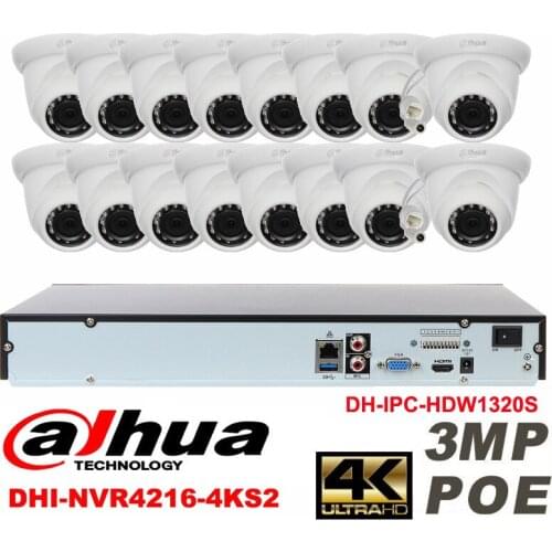 Dahua original 16CH 3MP H2.64 DH-IPC-HDW1320S 16pcs CCTV Network camera POE DAHUA DHI-NVR4216-4KS2 Dome IP security camera kit
