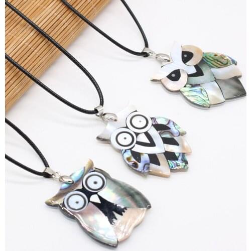 Natural Shell Pendant Necklace Smart Owl Shape Abalone Shell White Shell Pendant Charms Long Wax Rope for Jewelry Gift