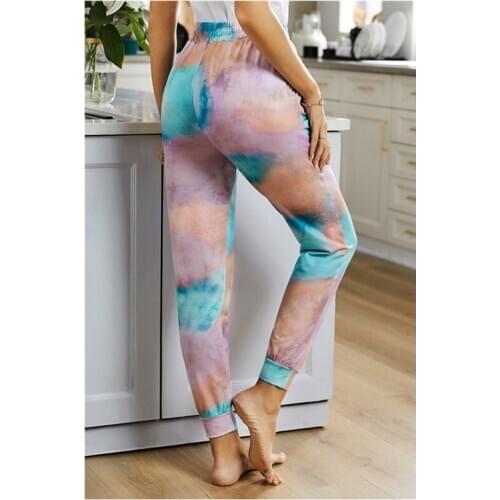 Womens Sleep Bottomsnew style tie-dye nine-point pajamas womens outer wear high-waist lace-up slacks