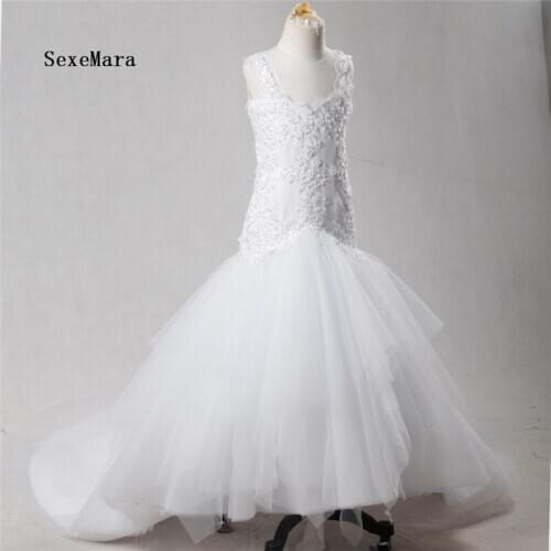 White Mermaid Flower Girl Dresses With Long Train for Wedding Party Princess Pageant Prom Dress