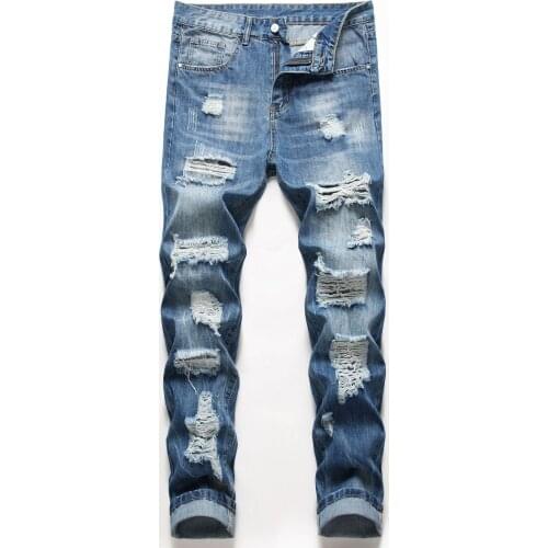 Hole Straight Slim Denim Jeans Ripped Men Bleached Scratched Washed Full Length Cowboy Solid Color Dark Blue Trousers Male