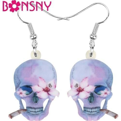 Bonsny Acrylic Halloween Purple Skeleton Skull Earrings Charm Long Dangle Drop Jewelry For Women Girls Novelty Gift Decoration