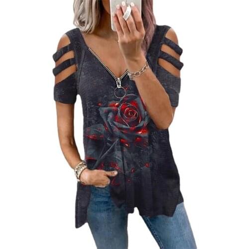 2021 Womens New Printed Hollow Short Sleeve Zipper V-neck Womens T-shirt
