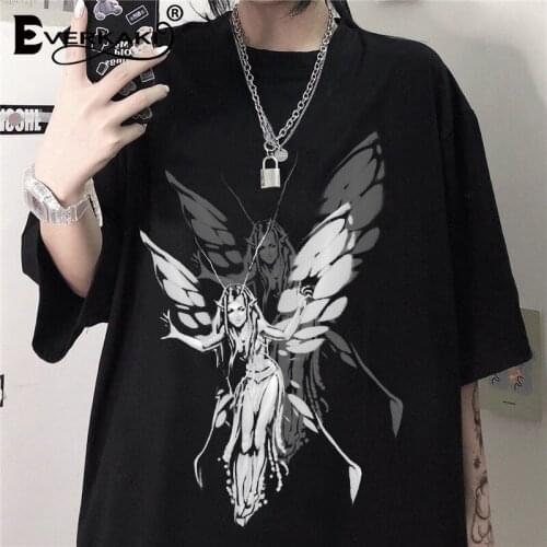 Everkaki Retro Boho Aesthetic Graphic Print T-shirt Women Summer Tees Oversized Harajuku Tops Vintage Punk T-shirts Female 2021