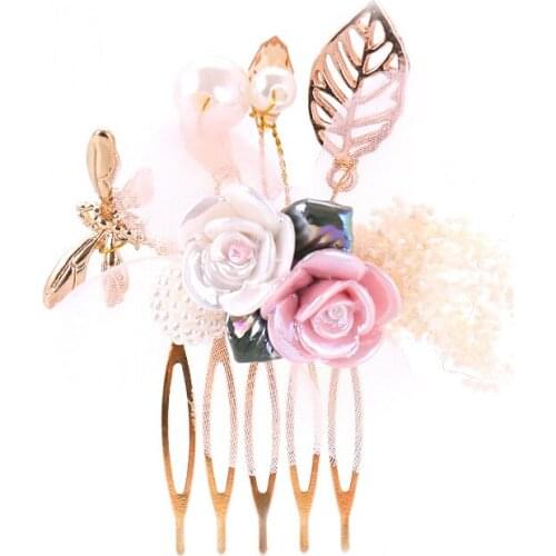 Women Elegant Pink White Pearl Crystal Hair Comb Gold Leaf Tiara Headpiece Wedding Bride Hair Jewelry Accessory Bridesmaid Pins