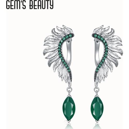 Gems Beauty 925 Sterling Silver Hoop Earrings For Women Dangle Earrings Wedding Party Green Agate Feather Bijoux Fine Jewelry