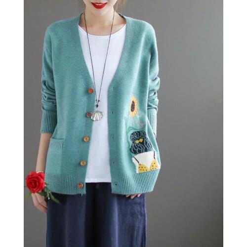 2021fashion Autumn Sweater Coat Womens Long-sleeved Literary Jacquard Wild Loose V-neck Cardigan Jacket Knitted Embroidery