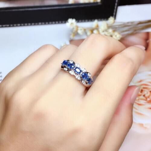 Fashion elegance Lovely cute Row Natural blue sapphire Ring S925 Silver Natural Gemstone Ring girl Womens wedding gift Jewelry