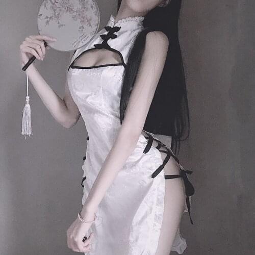 White Cheongsam Dress Sexy Cosplay Costume Erotic Lingerie for Women Lace Outfit Fancy Slim Fit Open Front Charming Uniform
