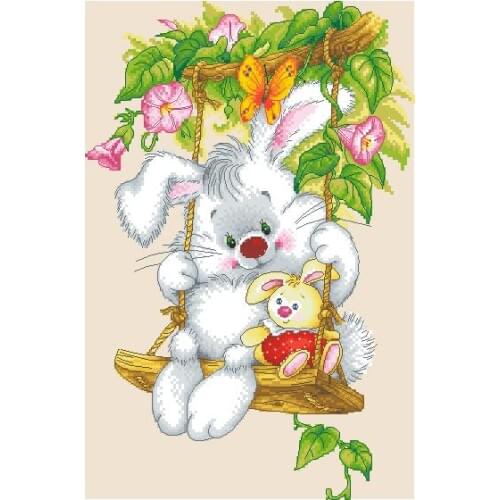 Gold Collection Lovely Counted Cross Stitch Kit Sunny Bunny Rabbit on Swing Two Bunnies Rabbits Morning Glory Flower