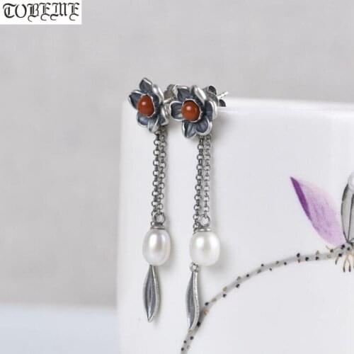 100% 925 Silver Flower Bohemia Earrings 925 Sterling Agate Women Earrings Natural Pearl Earrings