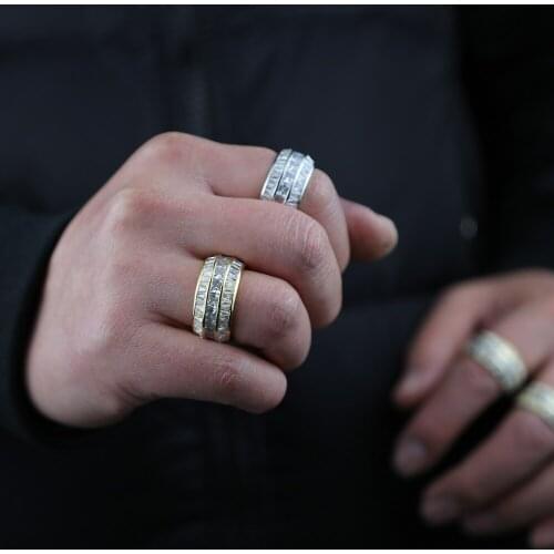 3 Layer Baguette CZ Engagement Band Iced Out Bling Hip Hop Full Finger CZ Eternity Men Ring US size 9 10 11