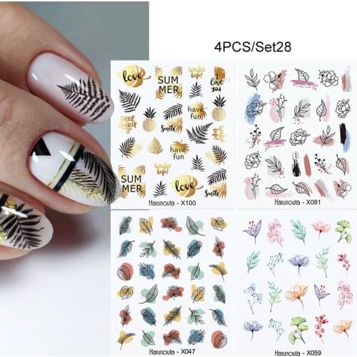 4pcs/Set Nail Tropical Plants Stickers Watercolor Decals Colorful Leaves Flower Sliders Wraps Manicuring Nail Art Decorations