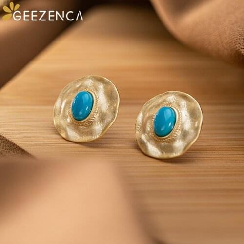 Pure 925 Sterling Silver Gold Plated Turquoise Stud Earrings Trendy Korean Fashion Gemstone Womens Earring Fine Jewelry