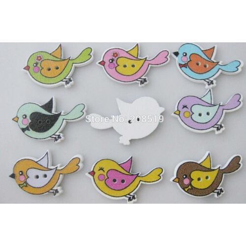 WBNOWG Mix Bird Buttons wood 100pcs 2 Holes Flatback 20mm*30mm Animal Botoes jewelry accessories