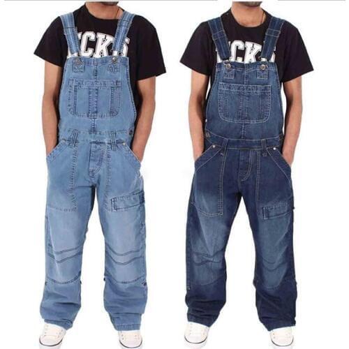 Mens Jeans Overalls Multi-pocket Loose Denim Pants Solid Color Simple Personality Male Jumpsuits Trousers