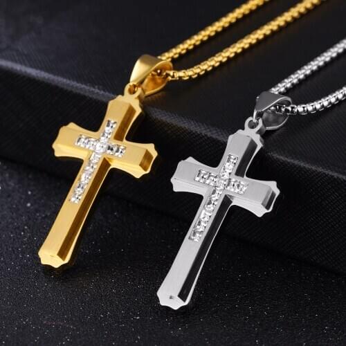 Fate Love High Quality Fashion Jewelry gold stainless steel Crystals Large Huge Cross Pendant Mens Necklace 24 inch