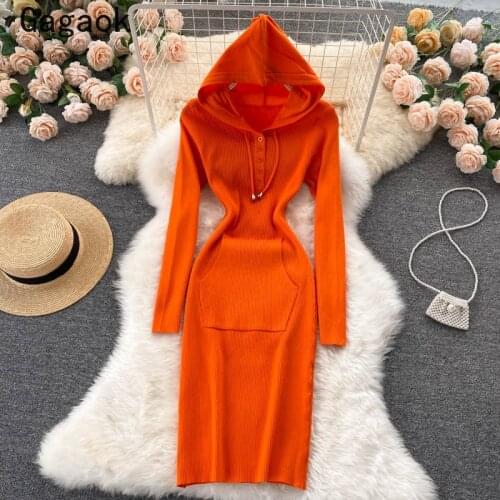 Gagaok Vintage Women Dress 2021 Spring Autumn New Hooded Kangaroo Pocket Solid Knit Midi Dresses Fashion Outwear Wild Vestidos