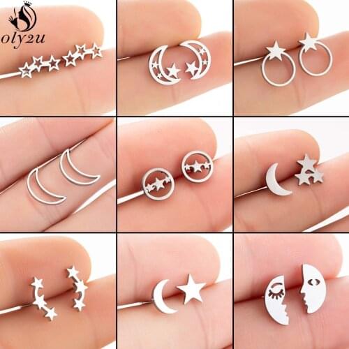 Korean Fashion Tiny Star Moon Stud Earrings for Women Kids Jewelry Stainless Steel Pentagram Earings pendientes mujer moda 2021