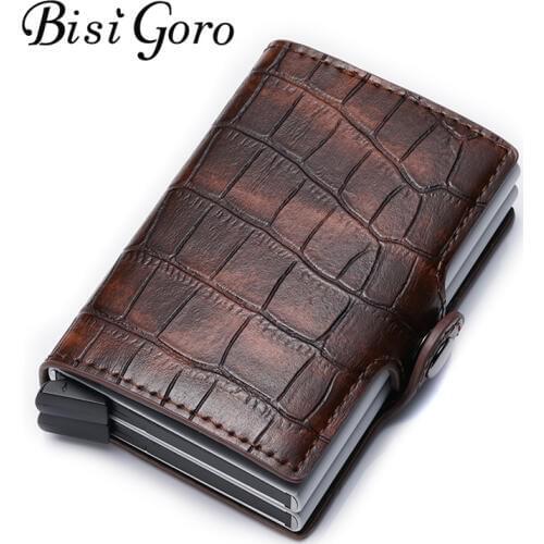 Bisi Goro 2019 PU Leather Credit Card Holder New Aluminium Double Box Men And Women Metal RFID Vintage Travel Card Wallet