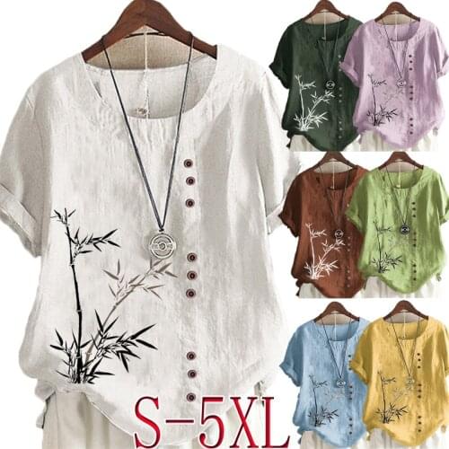 Summer Fashion Womens Print Short-sleeved Round Neck Shirt Ladies Cotton and Linen Button Top Loose T-shirt S-5XL