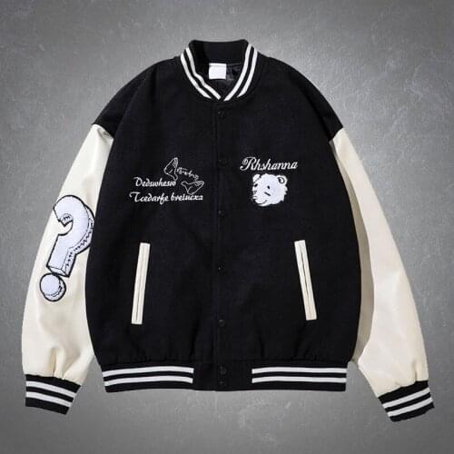 High Street Mens Baseball Jacket Bear Embroidery Patchwork PU Sleeve Harajuku Autumn Loose Couples Outerwear Clothing 3 Colors