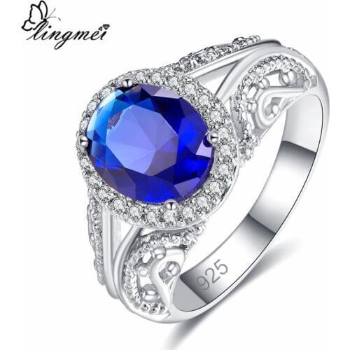 Lingmei Generous Mens Fashion Jewelry Oval Cut Hot Blue White Cubic Zircon Silver Color Ring Size 6 7 8 9 Christmas Gifts
