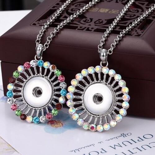 New Snap Jewelry Crystal Round Flower Pendants Snap Button Necklace with Chains Fit 18mm Snap Button Jewelry for Women