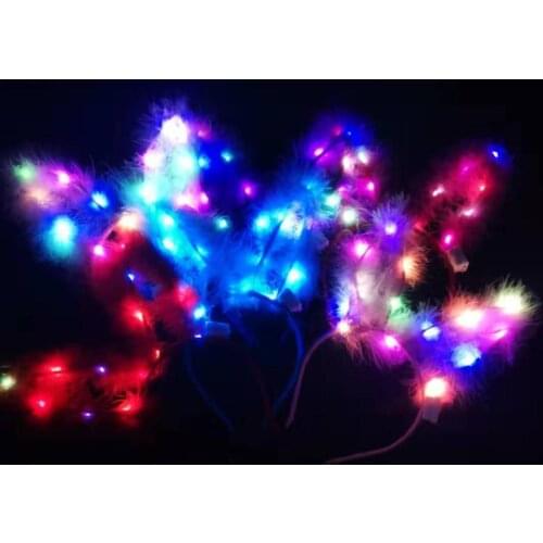 New feather luminous flashing LED birthday christmas party ears hairband 14 lamp luminous colorful rabbit ears headdress factory
