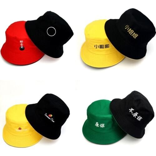 2020 Chinese Letter Bucket Hats Men Reversible Two Sides Can Wear Cotton Sun Bob Cap Comfortable Japanese Fisherman Hat Panama