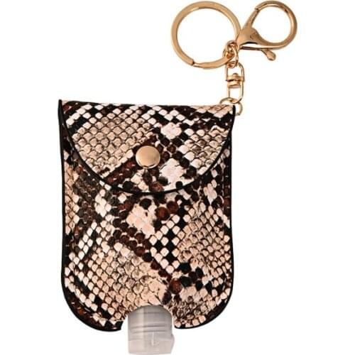 Leopard Print Portable Empty Leakproof Plastic Travel Bottle Leather Keychain Holder for Hand Sanitizer Clips to Bags