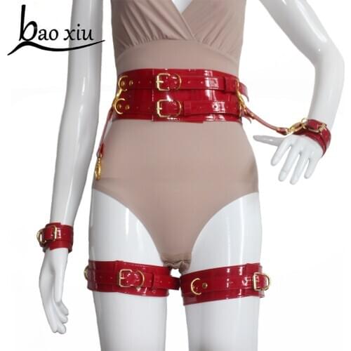 New Vintage Women Men Erotic Harness Leather Belt Bondage Gothic Punk Gold Metal Sexy Leg Garters Wide Straps 5 Pieces Set