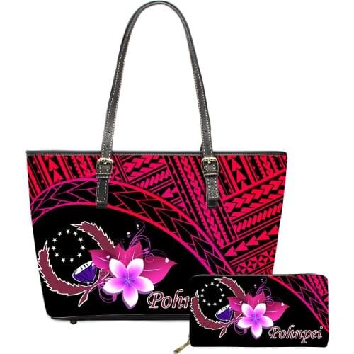 Drop Shipping Custom 2 Pcs Leather with Purses Set Pohnpei Handbag for Women 2021 Designer Luxury Polynesian Ladies Shoulder Bag