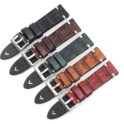 Genuine Leather Watch Strap 18mm 20mm 22mm 24mm Handmade Stitching Vintage Alligator Watchband Replacement for Men Belts