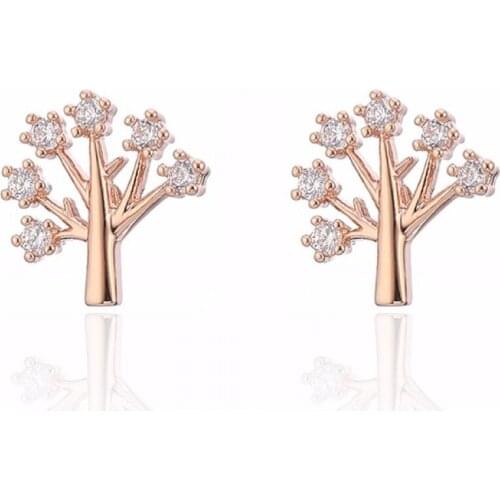 Rose Gold Tree Of Life Cubic Zirconia Stud Earrings Women Tiny CZ Color Earring For Girl Wedding Party Gift New Summer Fashion