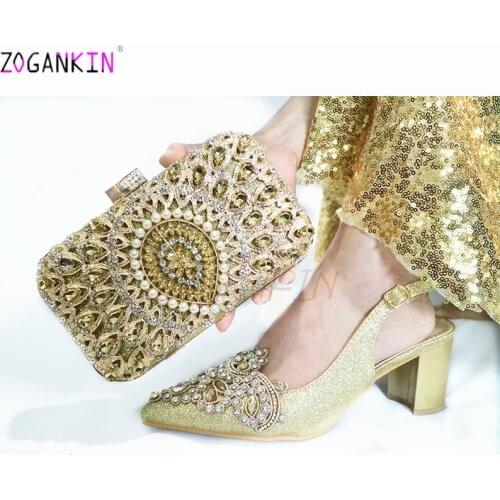 Top Selling Woman Italian Pointed Toe Shoes And Purse Set African Style Square Heels Sandals Shoes And Bag For Fashion Party